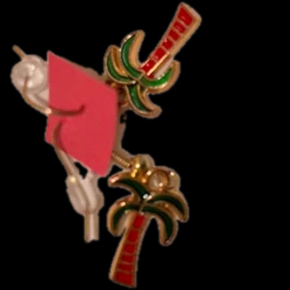 NWOT Neiman Marcus Palm Tree Earrings Brass Porcelain Inlay Surgical Brass